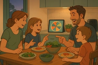 Australian family in a cozy kitchen pauses a dinner debate as a colourful spinner wheel decides tonight’s meal, creating a fair, playful moment.