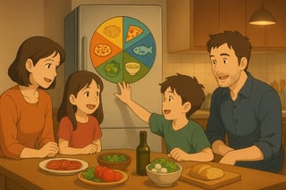 Famiglia italiana in cucina usa una ruota colorata sul frigorifero per decidere la cena, tra sorrisi, esitazioni e curiosità condivisa.