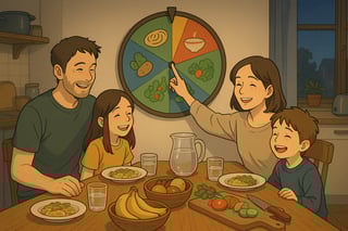 Eltern und Kinder am Küchentisch stoppen ein Drehrad im Hintergrund, das die Auswahl fürs Abendessen fair entscheidet.