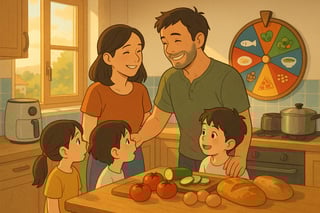 Familia española en cocina discute brevemente y decide la cena al girar una ruleta con iconos de platos, transformando el desacuerdo en juego.
