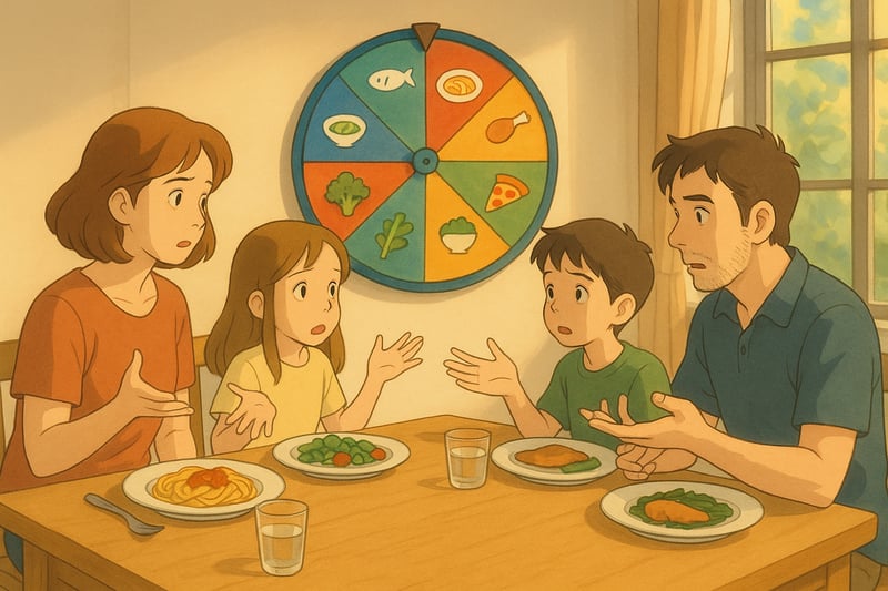 Pais e filhos em casa discutem o jantar enquanto uma roda colorida ao fundo ajuda a decidir de forma divertida e justa