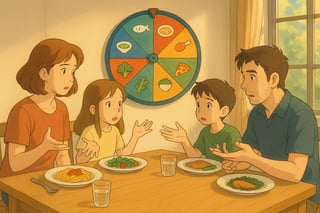 Pais e filhos em casa discutem o jantar enquanto uma roda colorida ao fundo ajuda a decidir de forma divertida e justa