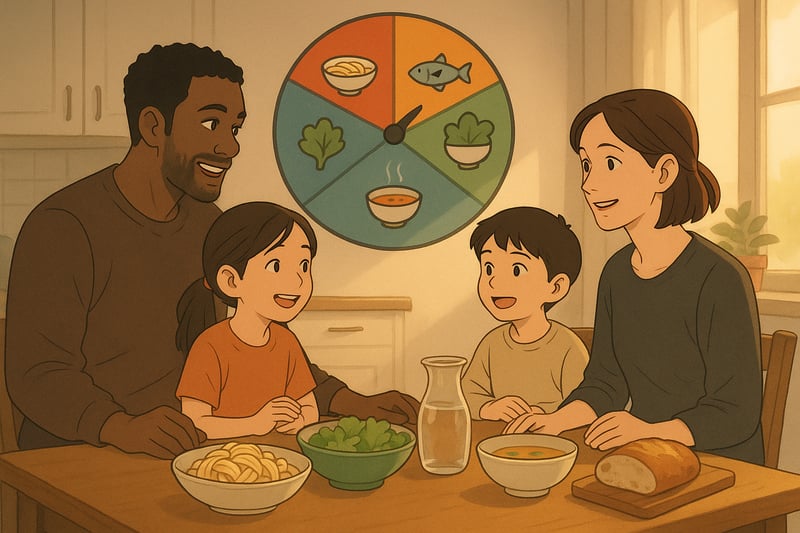 Parents et enfants autour d’une table de cuisine, hesitants puis souriants devant une roue colorée qui aide a choisir le diner.