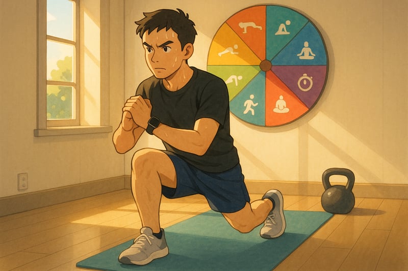 Person mid-lunge in a bright home gym with a visible smartwatch and a colorful workout spinner wheel on the wall behind.