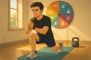 Person mid-lunge in a bright home gym with a visible smartwatch and a colorful workout spinner wheel on the wall behind.