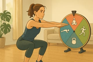 Sporter doet air squats in een Nederlandse woonkamer met een kleurrijke workout spinner op de achtergrond die trainingsopties visualiseert.