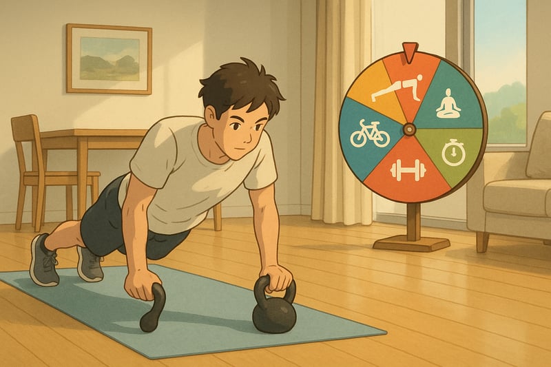 Person macht Liegestuetze in heller Wohnung; im Hintergrund steht ein farbiges Fitness-Gluecksrad mit Icons fuer zufaellige Trainingsideen.