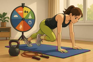Person beginnt ein kurzes Heimtraining auf der Matte, im Hintergrund steht ein farbiges Fitness-Glücksrad als Zufallsrad für Übungen und Modi.