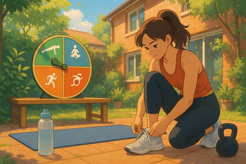 Australian courtyard workout scene with a visible spinner wheel and athlete ready to train, featuring kettlebell, mat, and natural light.