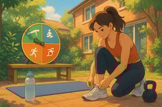 Australian courtyard workout scene with a visible spinner wheel and athlete ready to train, featuring kettlebell, mat, and natural light.