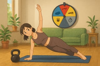 Adulto a treinar em casa com roleta colorida ao fundo mostrando ícones de exercícios, sugerindo sorteio de treinos rápidos e WODs.