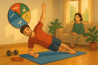 Persona entrenando en casa con esterilla y una ruleta de ejercicios al fondo mostrando segmentos de colores para WOD, yoga y HIIT.