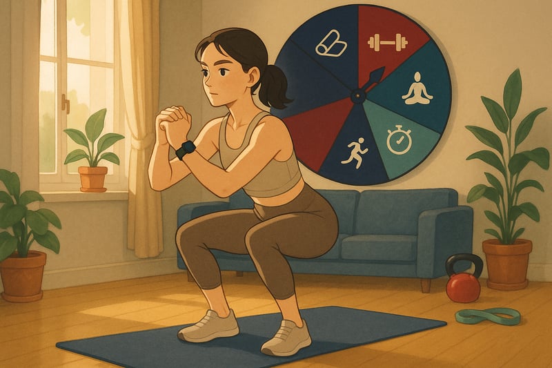Jeune adulte réalise un exercice au sol dans un salon, avec une roue colorée au mur pour choisir des entraînements variés et défis 30 jours.
