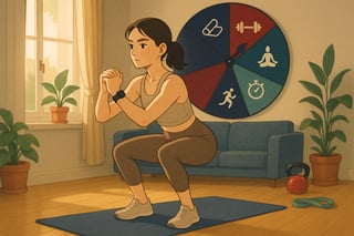 Jeune adulte réalise un exercice au sol dans un salon, avec une roue colorée au mur pour choisir des entraînements variés et défis 30 jours.