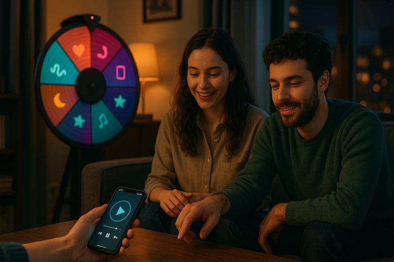 Friends in a UK living room cue a playlist as a colorful spinner wheel highlights Bad Bunny hits in the background, setting a fun party mood.