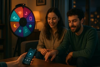Friends in a UK living room cue a playlist as a colorful spinner wheel highlights Bad Bunny hits in the background, setting a fun party mood.