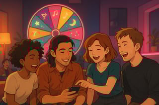 Jeunes adultes en soiree dans un salon parisien, une roue colorée occupe un tiers de l’image; ambiance chaleureuse, mixte et festive.
