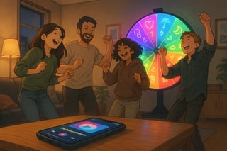 Freunde in einem urbanen Zuercher Wohnzimmer tanzen zu Bad Bunny, waehrend im Hintergrund ein farbiges Drehrad mit Song-Icons rotiert.