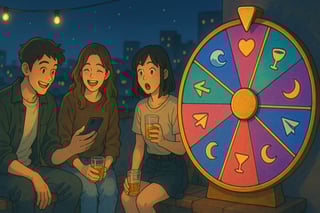 Grupo en terraza nocturna gira una ruleta colorida con 12 hits de Bad Bunny visible, mientras se preparan para elegir la siguiente cancion.