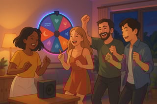 Friends in an Australian living room vibe to music while a colourful spinner wheel glows in the background, ready to pick the next song.