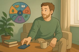Une personne pose son telephone et engage une conversation; une roue de selection coloree est visible en arriere-plan dans un salon lumineux.