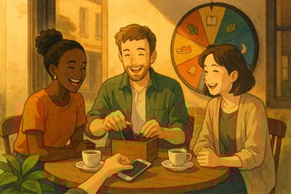 Grupo en cafe guarda moviles y conversa; al fondo una ruleta de colores sugiere retos de bienestar digital y planes reales sin redes sociales.