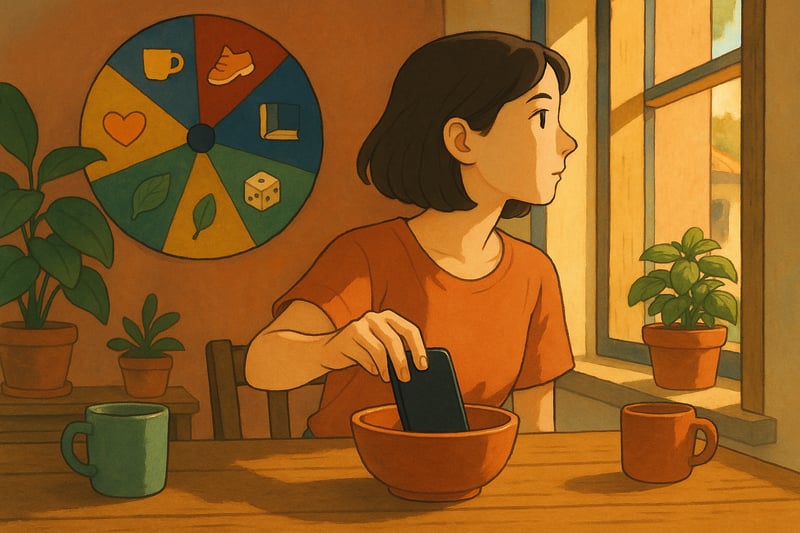 Donna spegne lo smartphone e guarda fuori dalla finestra mentre una ruota colorata suggerisce attivita offline, luce calda e ambiente domestico italiano.