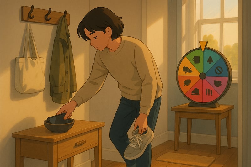 Person leaves their phone behind, picks up trainers, and glances at a colorful spinner wheel suggesting real-world connection activities.