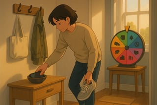 Person leaves their phone behind, picks up trainers, and glances at a colorful spinner wheel suggesting real-world connection activities.