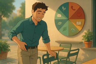 Pessoa em esplanada levanta o olhar do telemovel e prepara-se para sair, com roda de ideias colorida ao fundo a sugerir atividades offline.