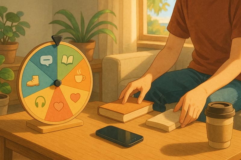 An Australian young adult silences phone notifications and reaches for a book as a colourful spinner wheel displays offline activity icons in the background.
