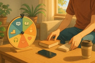 An Australian young adult silences phone notifications and reaches for a book as a colourful spinner wheel displays offline activity icons in the background.