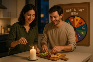 A couple laughs at a kitchen table as a colorful spinner wheel glows nearby, hinting at playful date ideas to try.