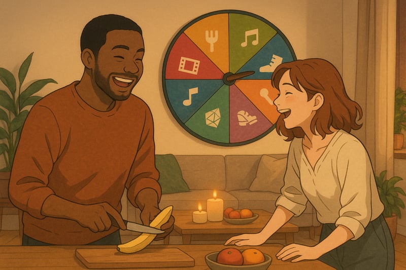 Un couple prepare une soiree a deux dans un salon chaleureux; une roue coloree de suggestions apparait clairement en arriere plan.