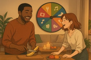 Un couple prepare une soiree a deux dans un salon chaleureux; une roue coloree de suggestions apparait clairement en arriere plan.