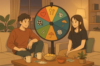 Zwei Menschen planen einen Paarabend im Wohnzimmer; im Hintergrund steht ein farbiges Glücksrad als spielerischer Entscheidungshelfer.