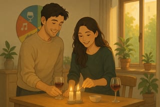 Casal em casa prepara uma noite a dois enquanto uma roda colorida de ideias aparece ao fundo como sugestao de programas.