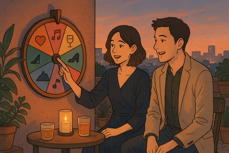 Pareja en terraza urbana al atardecer con ruleta colorida e iconos de planes; luces calidas y ciudad al fondo evocan noche de cita