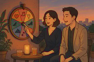 Pareja en terraza urbana al atardecer con ruleta colorida e iconos de planes; luces calidas y ciudad al fondo evocan noche de cita