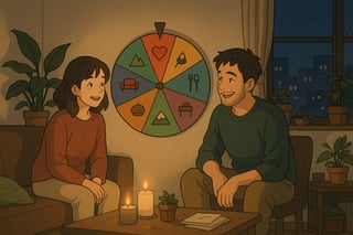 Paar auf Sofa in moderner CH-Wohnung schaut spielerisch zum farbigen Spinner-Rad an der Wand; warmes Abendlicht und romantische Stimmung.