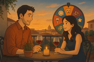 Coppia su terrazza al tramonto con ruota colorata delle idee sullo sfondo; atmosfera romantica, calda, dettagli italiani contemporanei.