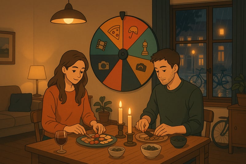 Stel bereidt hapjes in een gezellige Nederlandse woonkamer terwijl een kleurrijk draairad met datepictogrammen op de achtergrond zichtbaar is.