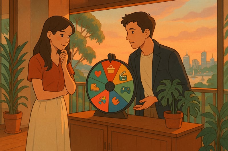 A couple at golden hour choose a date while a colourful spinner wheel glows in the background of a cosy Australian home.