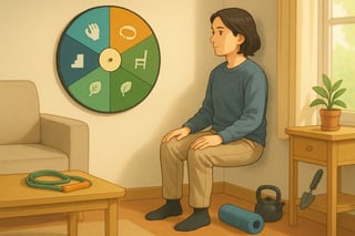 Person doing a quick wall sit in a cozy living space while a colorful spinner wheel sits nearby, hinting at randomized micro-moves.