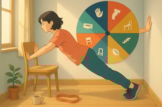 Scène de salon-bureau avec personne faisant des pompes au mur et une roue colorée en arrière-plan suggérant des micro-gestes quotidiens.