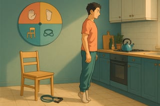 Adulto faz elevações de gémeos na cozinha enquanto espera a água ferver, com roda colorida de fitness ao fundo, ambiente português moderno.