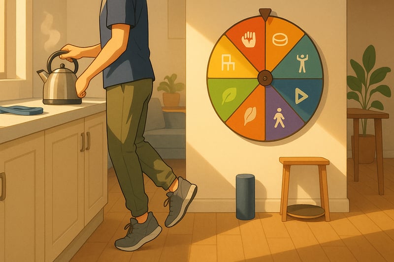 Australian home kitchen scene with a person doing calf raises by the kettle, a colourful spinner wheel on the wall, and simple no-gear fitness items nearby.