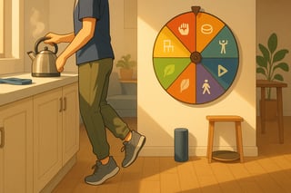 Australian home kitchen scene with a person doing calf raises by the kettle, a colourful spinner wheel on the wall, and simple no-gear fitness items nearby.