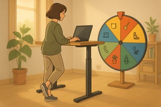 Eine Frau macht Wadenheben am Stehschreibtisch; im Hintergrund steht ein buntes Glücksrad mit Symbolen für unauffällige Alltagsfitness.