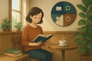 Lesende Person in einem modernen Zuercher Cafe mit Buecherstapel; im Hintergrund ein farbiges Spinner-Rad als spielerisches Auswahlmotiv.